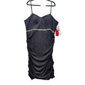 DB Studio Metallic Glitter Corset Dress Size 18 Black/Silver Stretchy Ruche Side